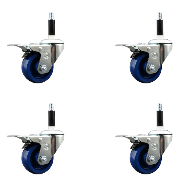 3'' Solid Poly Swivel 7/8'' Expanding Stem Caster Set Total Lock Brake, 4PK